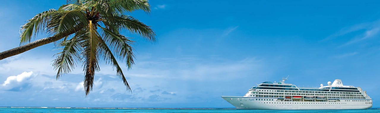 View of cruise ship from beach with palm tree nearby.