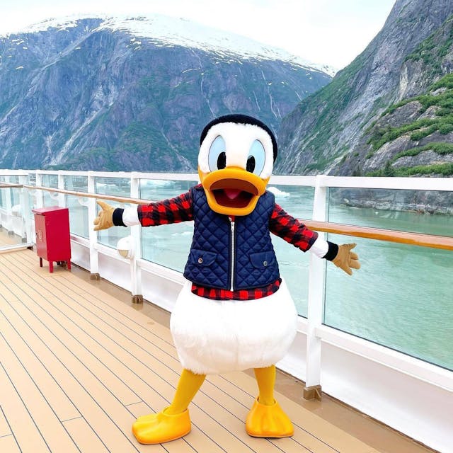 Disney mascot Donald Duck on exterior deck of cruise ship