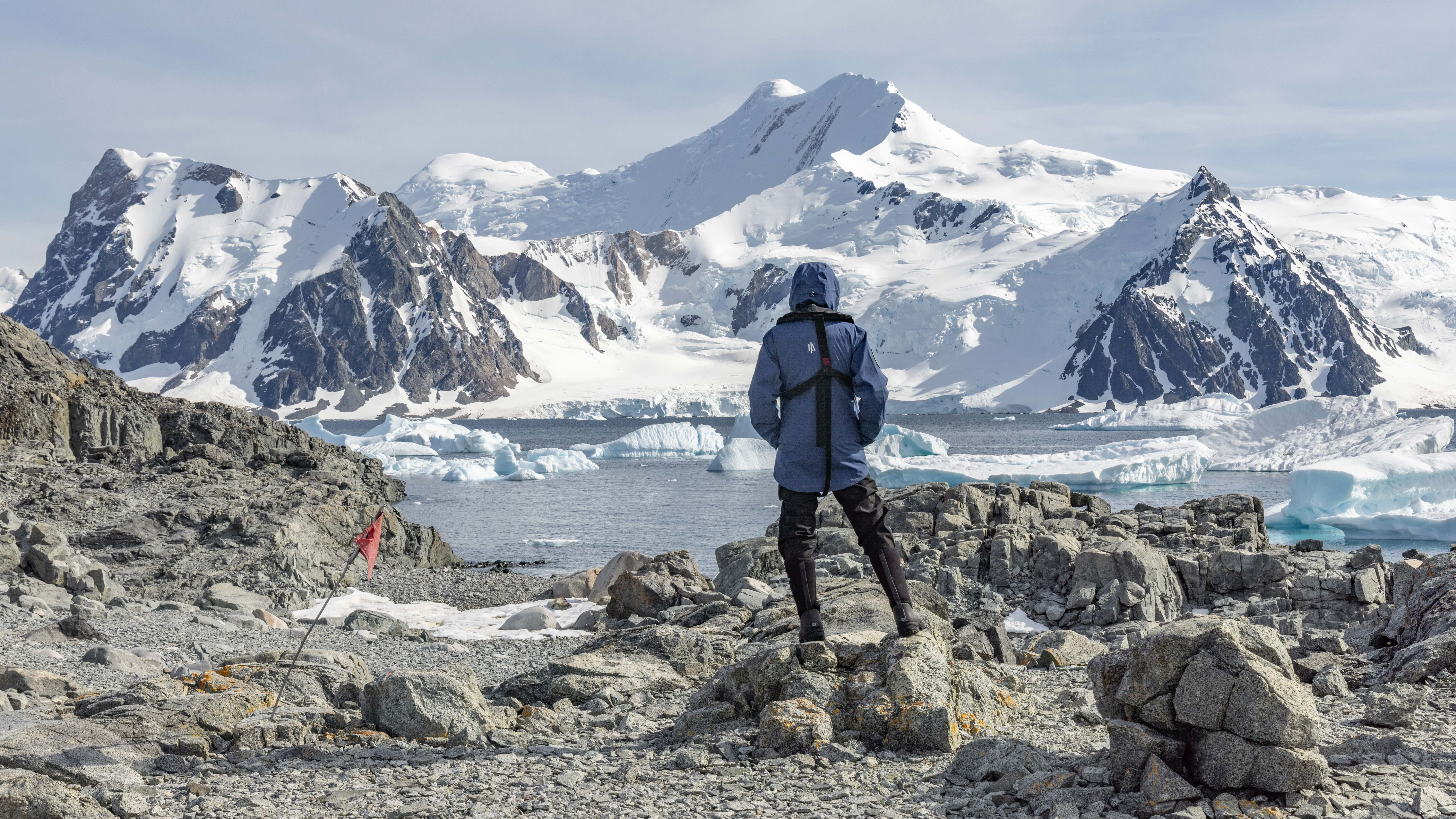 person standing looking at view in antarctica with HX