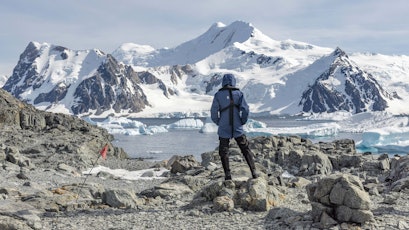 person standing looking at view in antarctica with HX