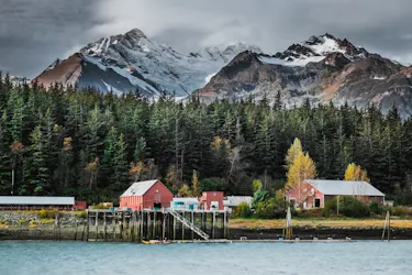 Dock with mountains in background