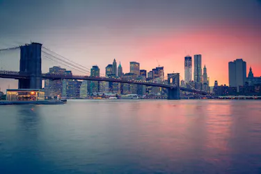 City skyline viewed from across a harbour with bridge in foreground