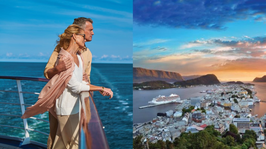 Couple gazing from cruise deck; coastal town and docked cruise ship at sunset