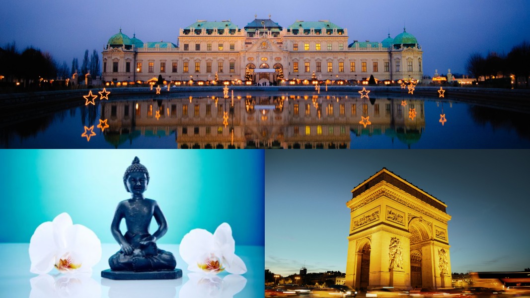 Collage: illuminated palace reflected in pond; Buddha statue with orchids; Arc de Triomphe at dusk