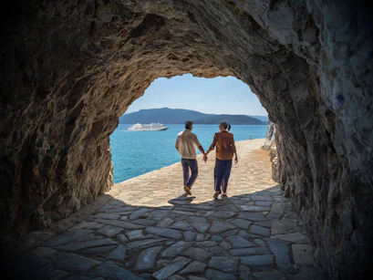 Couple holding hands walking from cave onto seaside path with cruise ship and mountains