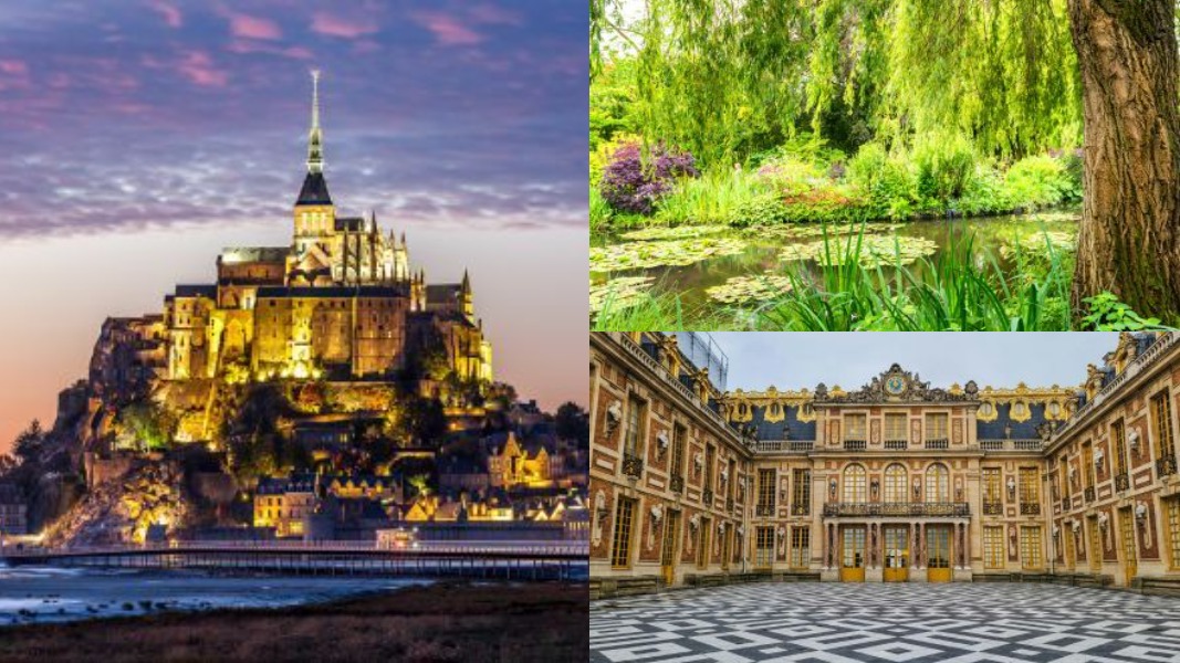 Mont Saint-Michel left; Monet water-lily pond top-right; Versailles courtyard bottom-right