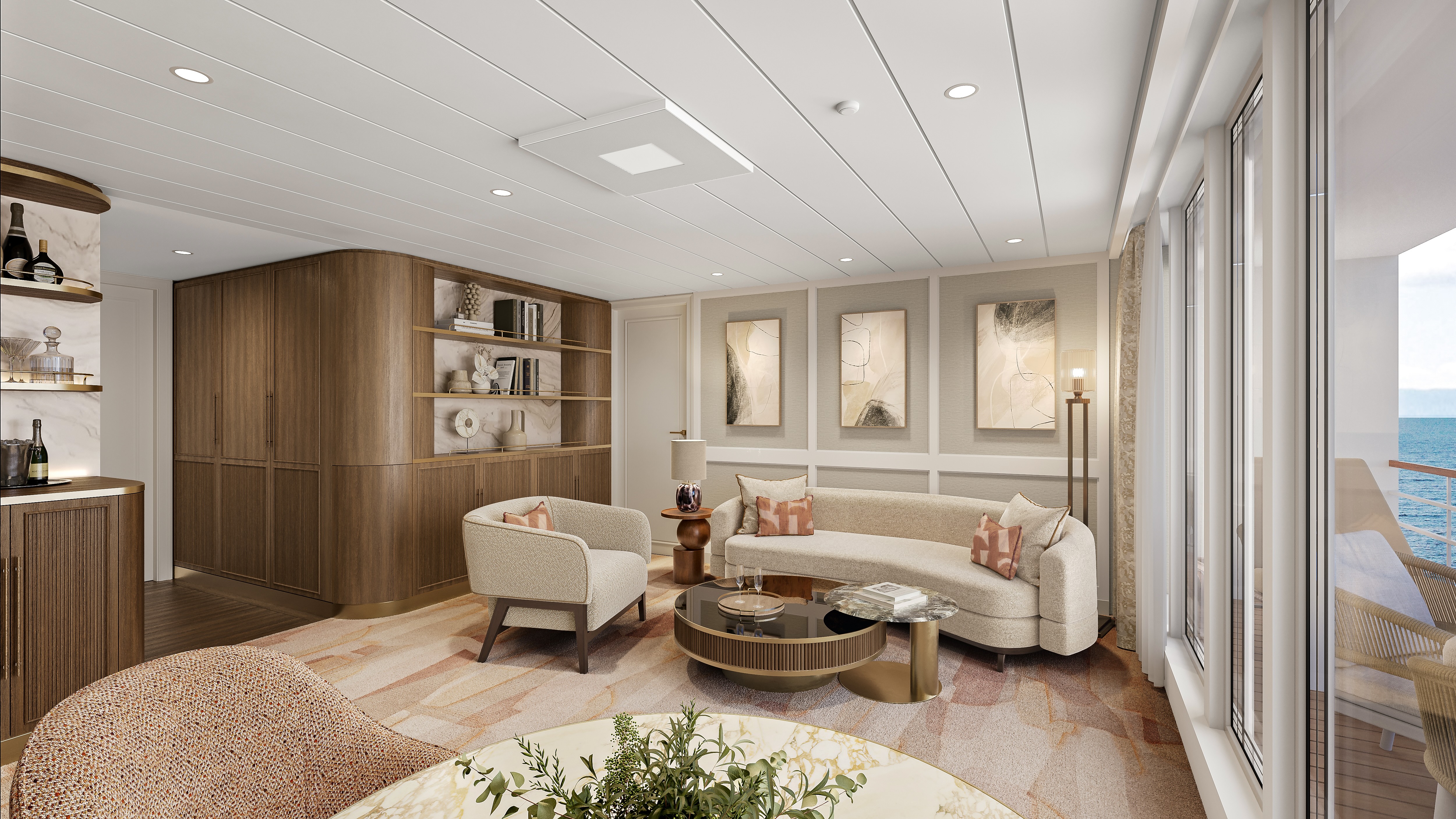Modern cruise-suite living room with curved sofa, armchairs, coffee table and ocean view balcony