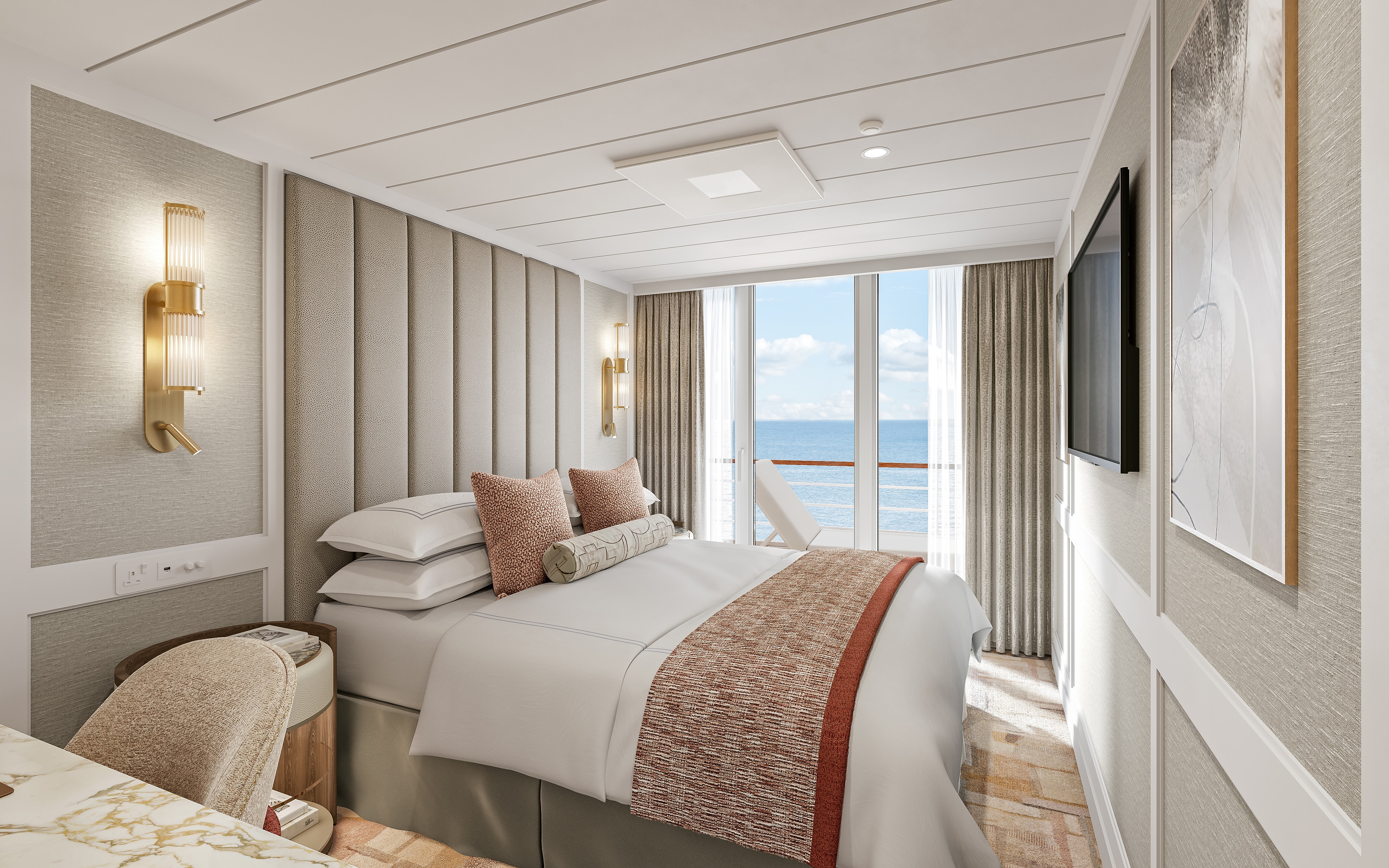 Cruise cabin bedroom with made bed, textured headboard, gold wall sconces and balcony ocean view