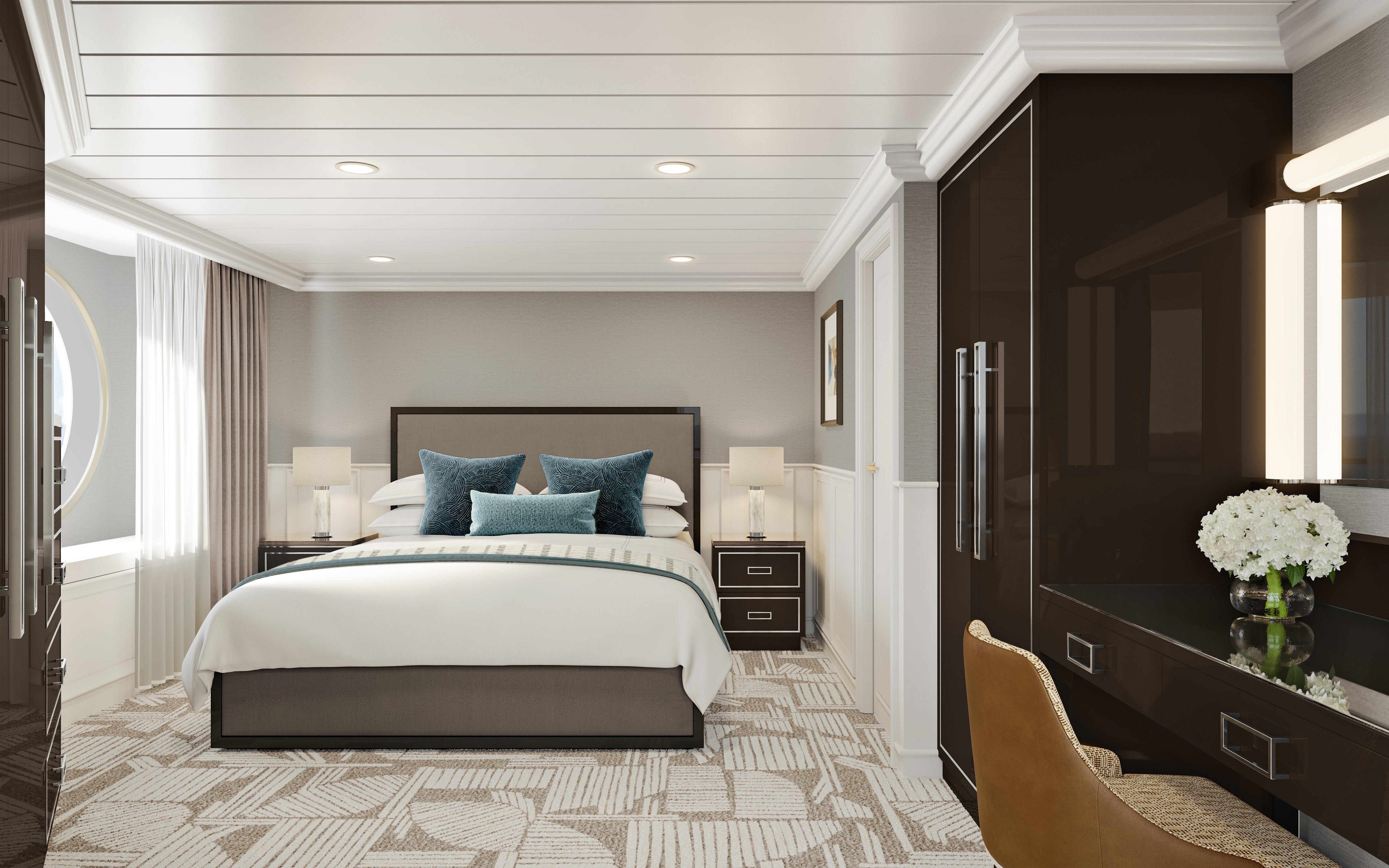 Modern hotel bedroom: centered king bed with teal pillows, two nightstands, wardrobe and desk.