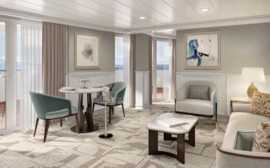 Cozy cruise cabin lounge with dining table, armchairs, abstract art, lamp, balcony ocean view