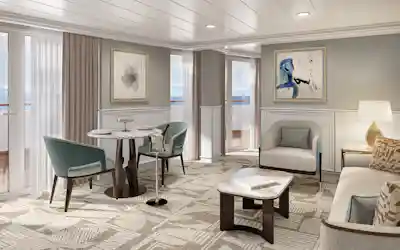 Cozy cruise cabin lounge with dining table, armchairs, abstract art, lamp, balcony ocean view