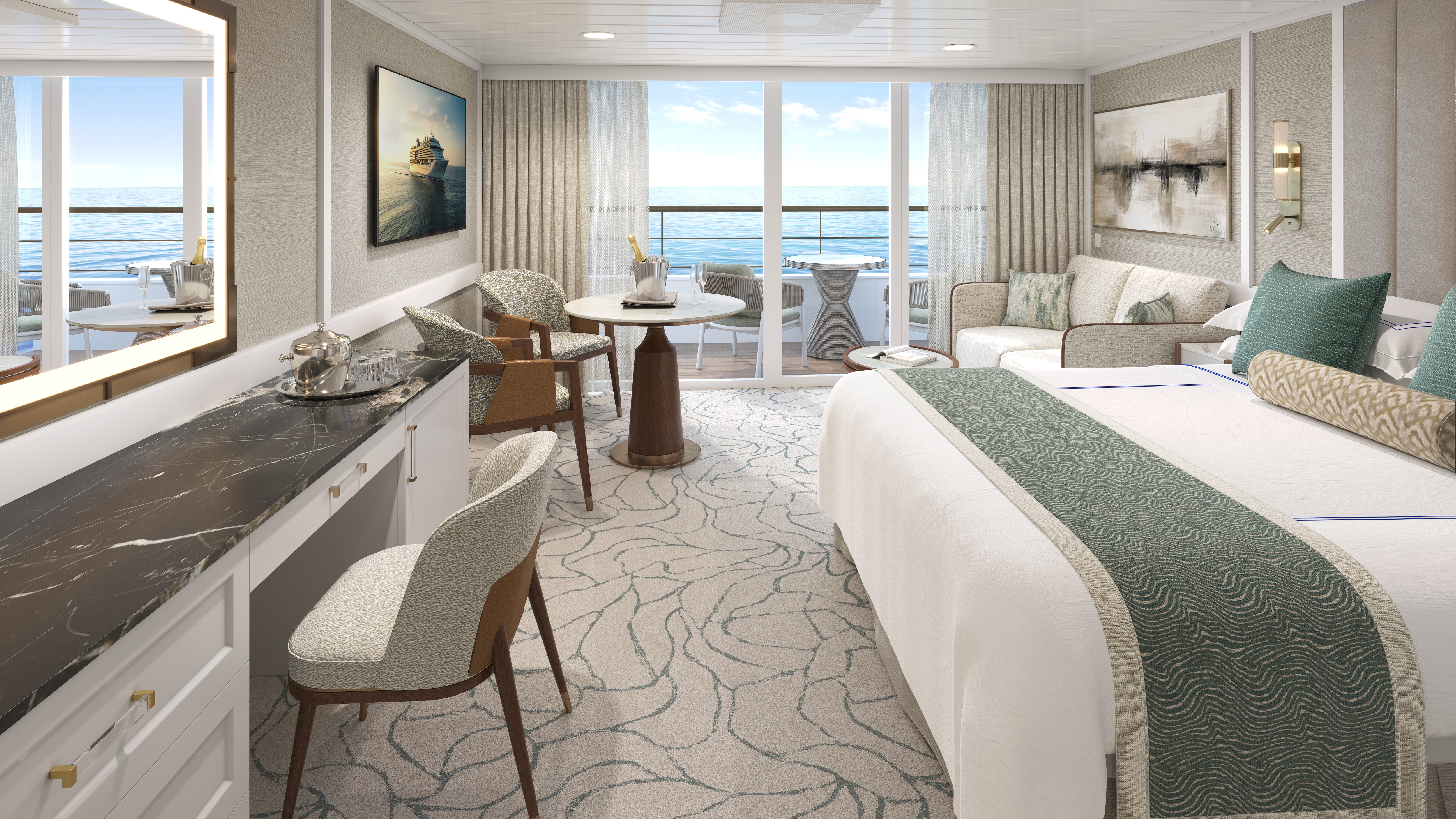 Balcony cruise cabin with king bed, sofa, table, balcony chairs and ocean view