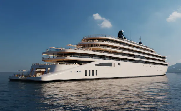 Large multi-deck luxury cruise ship with terraces and sun umbrellas on calm sea