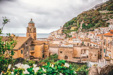 Mediterranean coastal town with ornate church tower, terraced hillside houses and foreground flowers