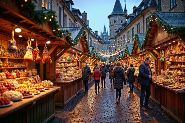 Evening Christmas market on cobblestone street, stalls with lights and shoppers, stone tower visible