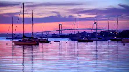 Sunset harbor with anchored sailboats, tall masts, reflections and a lit suspension bridge