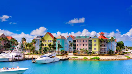 White yachts in turquoise marina before pastel waterfront condos and palm trees.