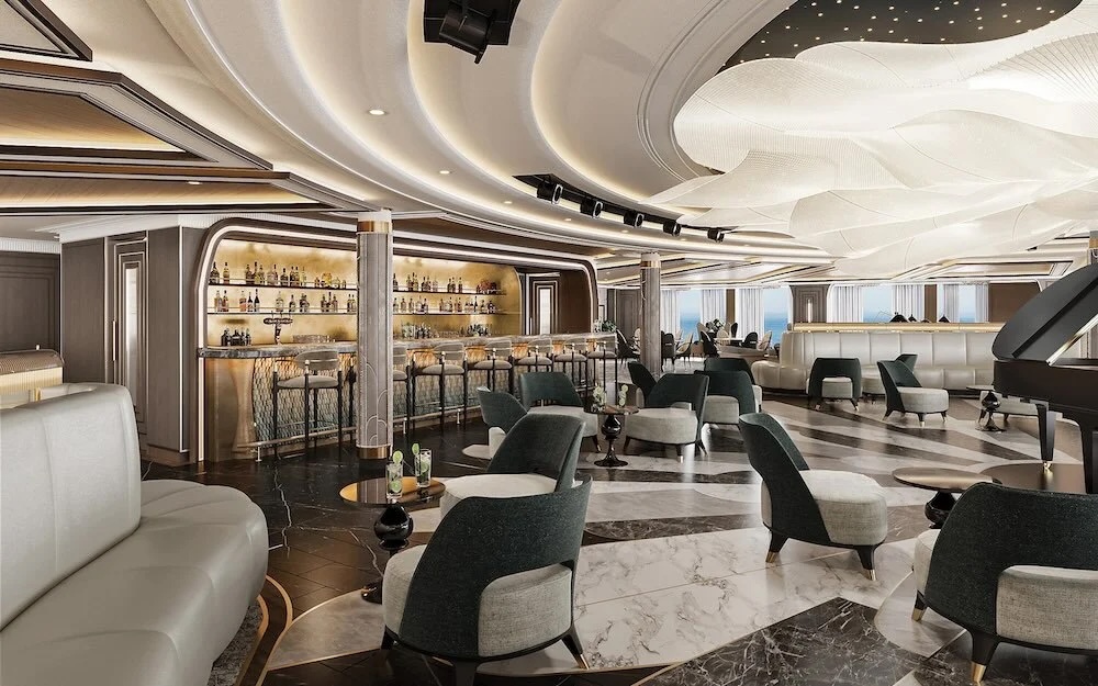 Ocean-view luxury lounge with curved ceiling, illuminated bar, grouped seats and grand piano