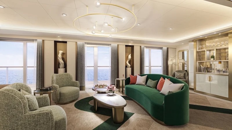 Cruise ship lounge seating area with curved emerald sofa, armchairs, coffee table, sea view