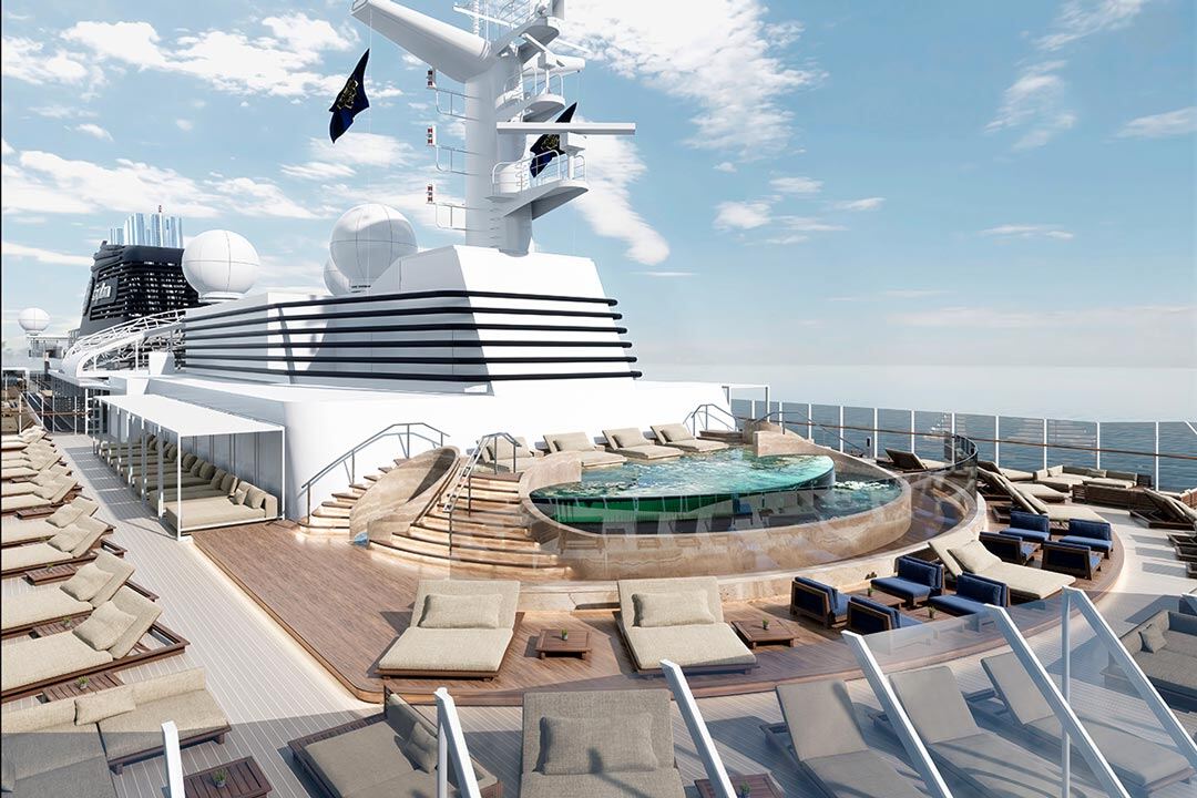 Cruise ship sundeck with circular glass-sided jacuzzi, chaise lounges, cabanas, ocean view