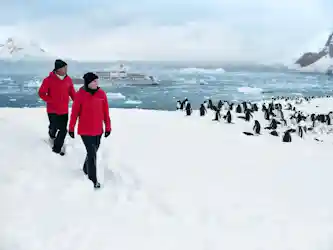 Two people in red parkas on snowy Antarctic shore beside penguin colony and cruise ship