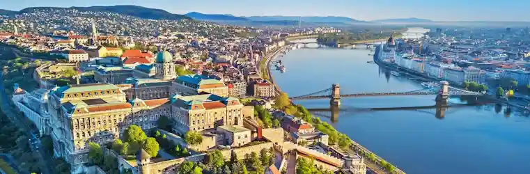 Aerial view of Budapest: Buda Castle, Chain Bridge over the Danube, Parliament building