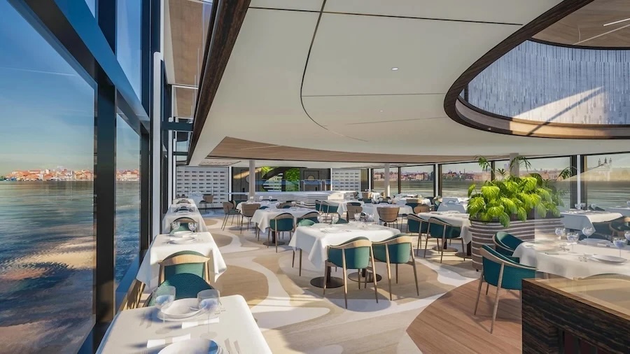 Modern waterfront restaurant interior with panoramic glass, white tablecloths, teal chairs