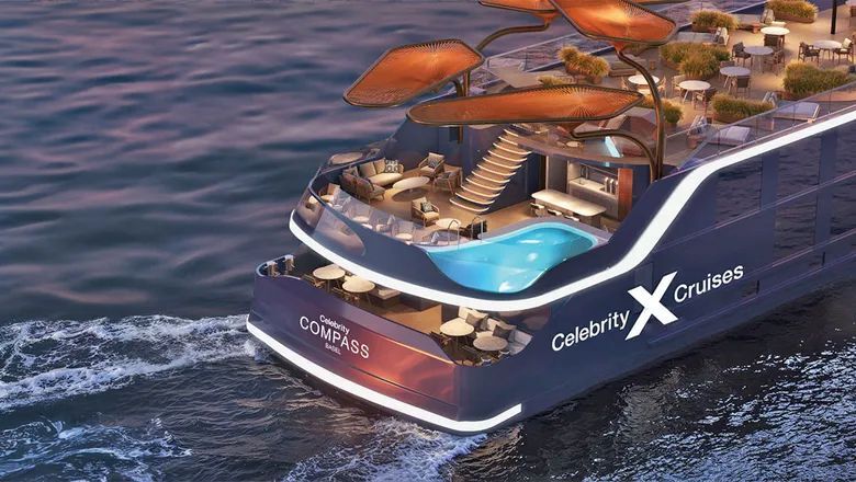 Stern deck of Celebrity X Cruises ship with pool, dining tables, stairs and sculpted canopies