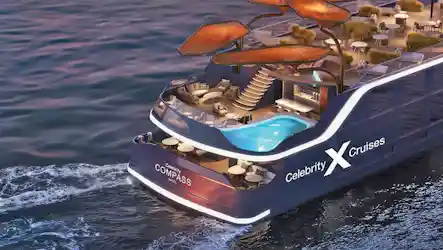Stern deck of Celebrity X Cruises ship with pool, dining tables, stairs and sculpted canopies