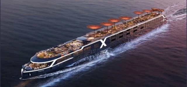 Long modern luxury cruise ship cruising at dusk with rooftop lounges, orange parasols, and X logo