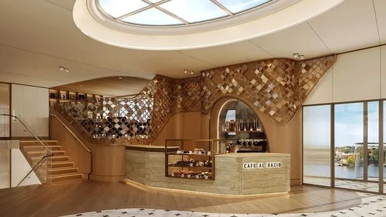 Cafe Al Bacio counter with pastry case, wood mosaic backdrop, skylight and waterfront windows