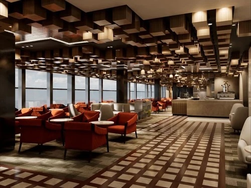 Modern lounge with orange armchairs, floor-to-ceiling windows, wooden cube ceiling and bar.