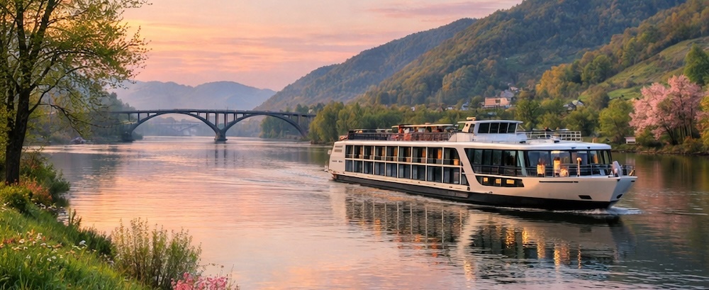 River cruise ship passing flowering riverbank and arched bridge at sunset