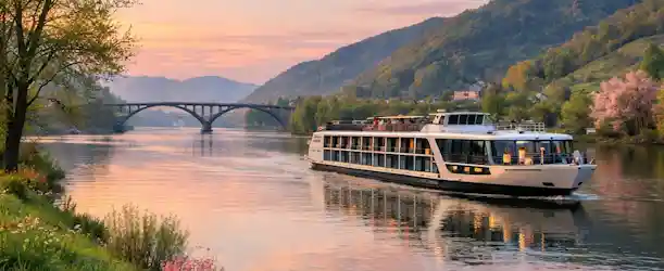 River cruise ship passing flowering riverbank and arched bridge at sunset