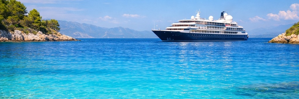 White-and-blue cruise yacht in turquoise bay between rocky, tree-covered islets and mountains