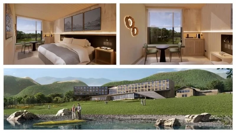 Modern lakeside hotel interiors: cozy king room, dining nook; lakefront building and paddlers
