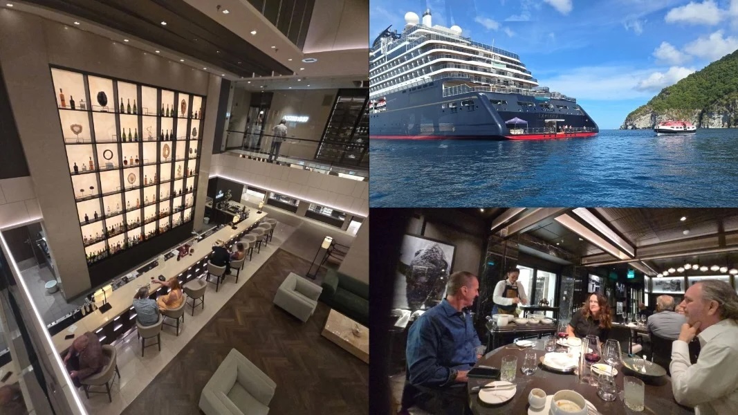 Cruise photos: ship at anchor, passengers dining, and lounge bar with lit bottle wall
