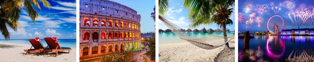 Travel collage: beach chairs, Colosseum at dusk, hammock over lagoon, London Eye fireworks