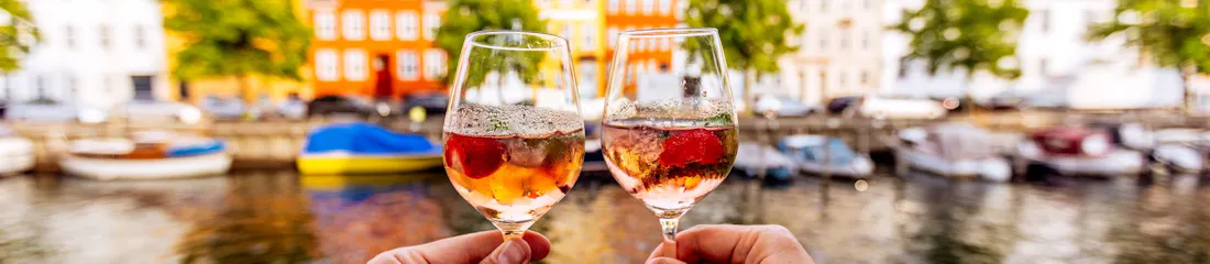 Two hands toasting rosé glasses with strawberries over a canal and colorful waterfront houses