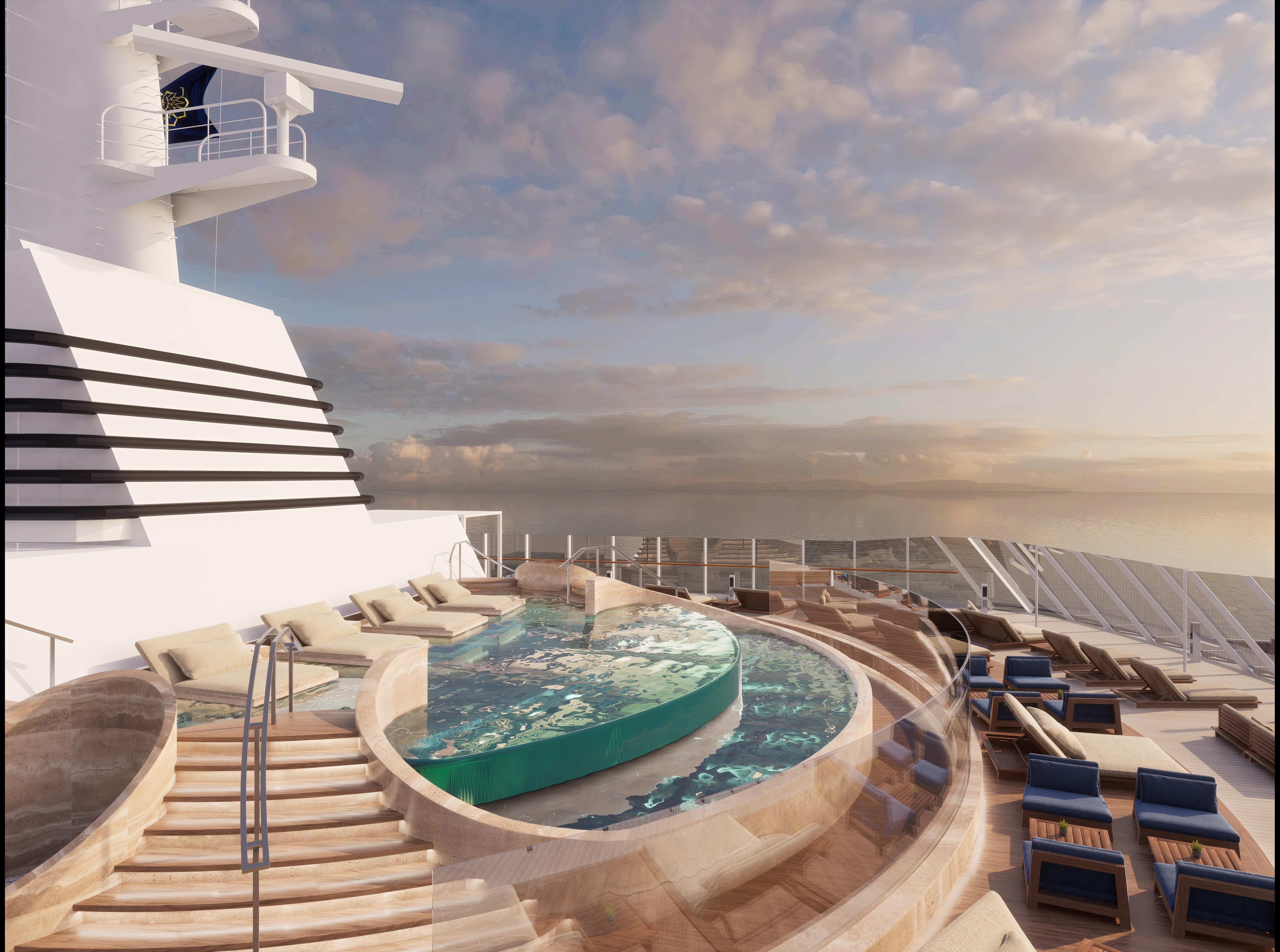 Cruise ship sundeck with circular infinity pool, glass railings, loungers, and calm ocean sunrise