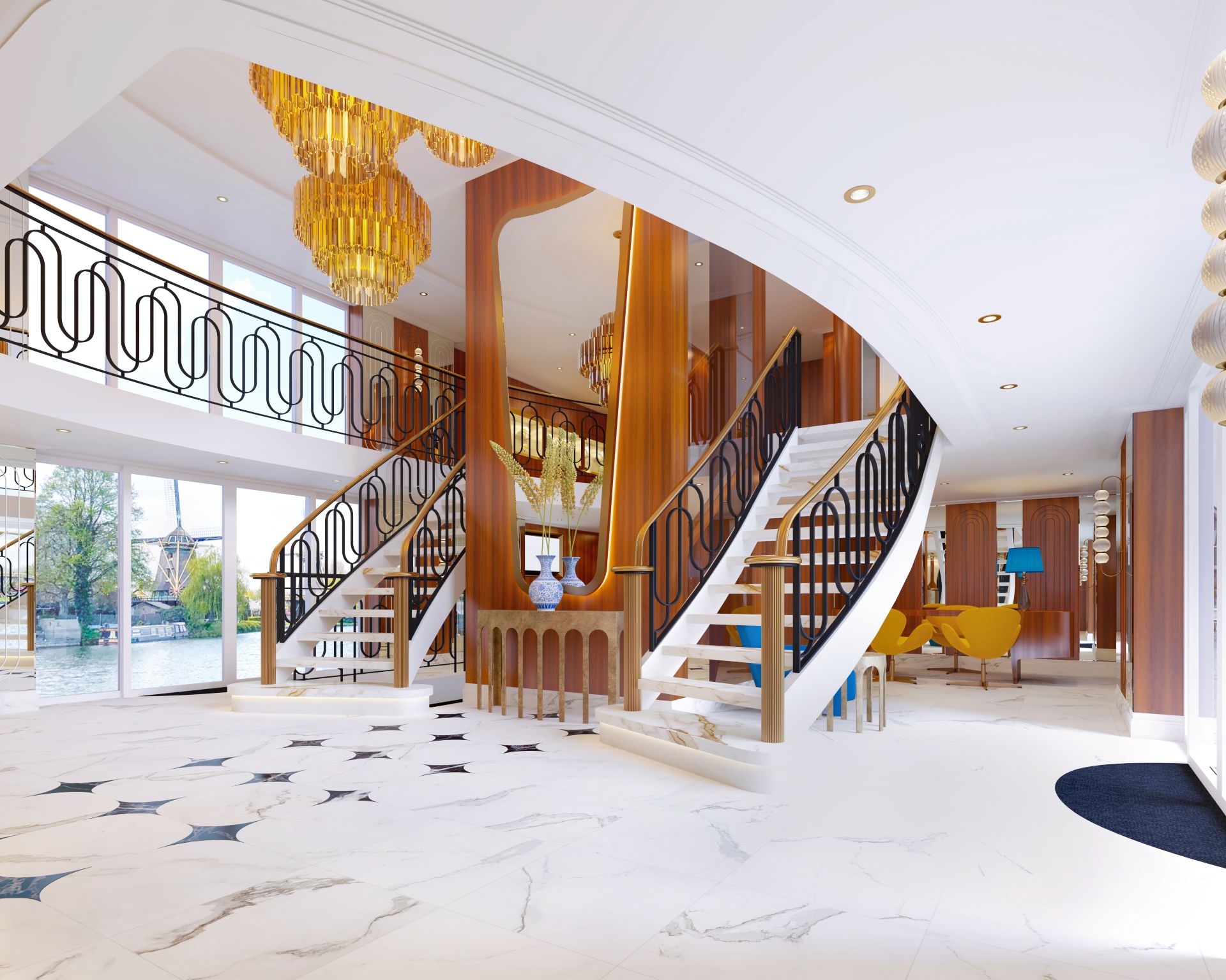 Grand foyer with twin staircases, brass chandeliers, marble floors and river views
