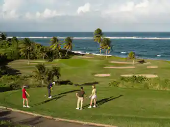 Four golfers on a seaside golf course with palm trees, bunkers and ocean waves