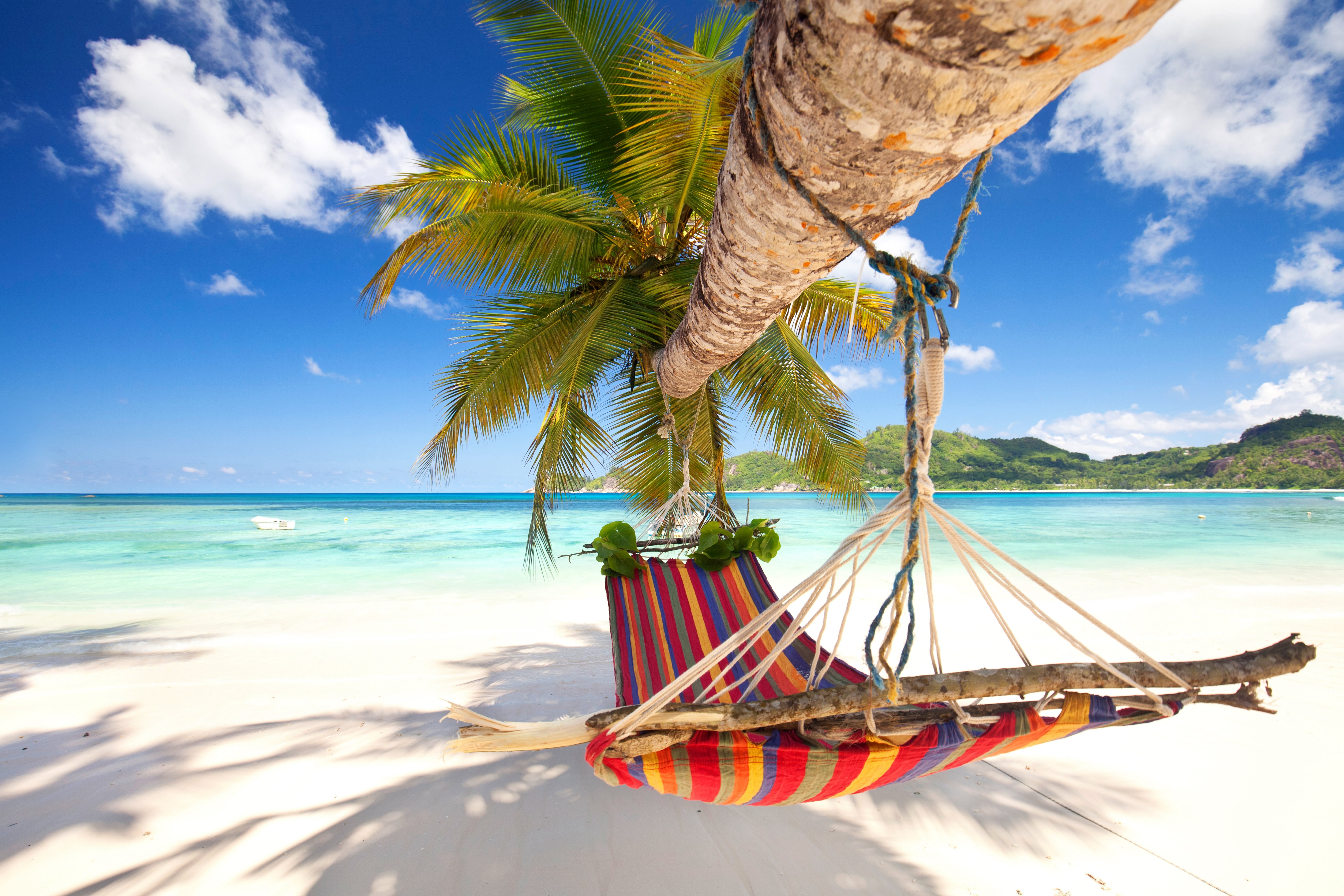 Striped hammock tied to a leaning palm over white sand beach and turquoise sea for relaxing