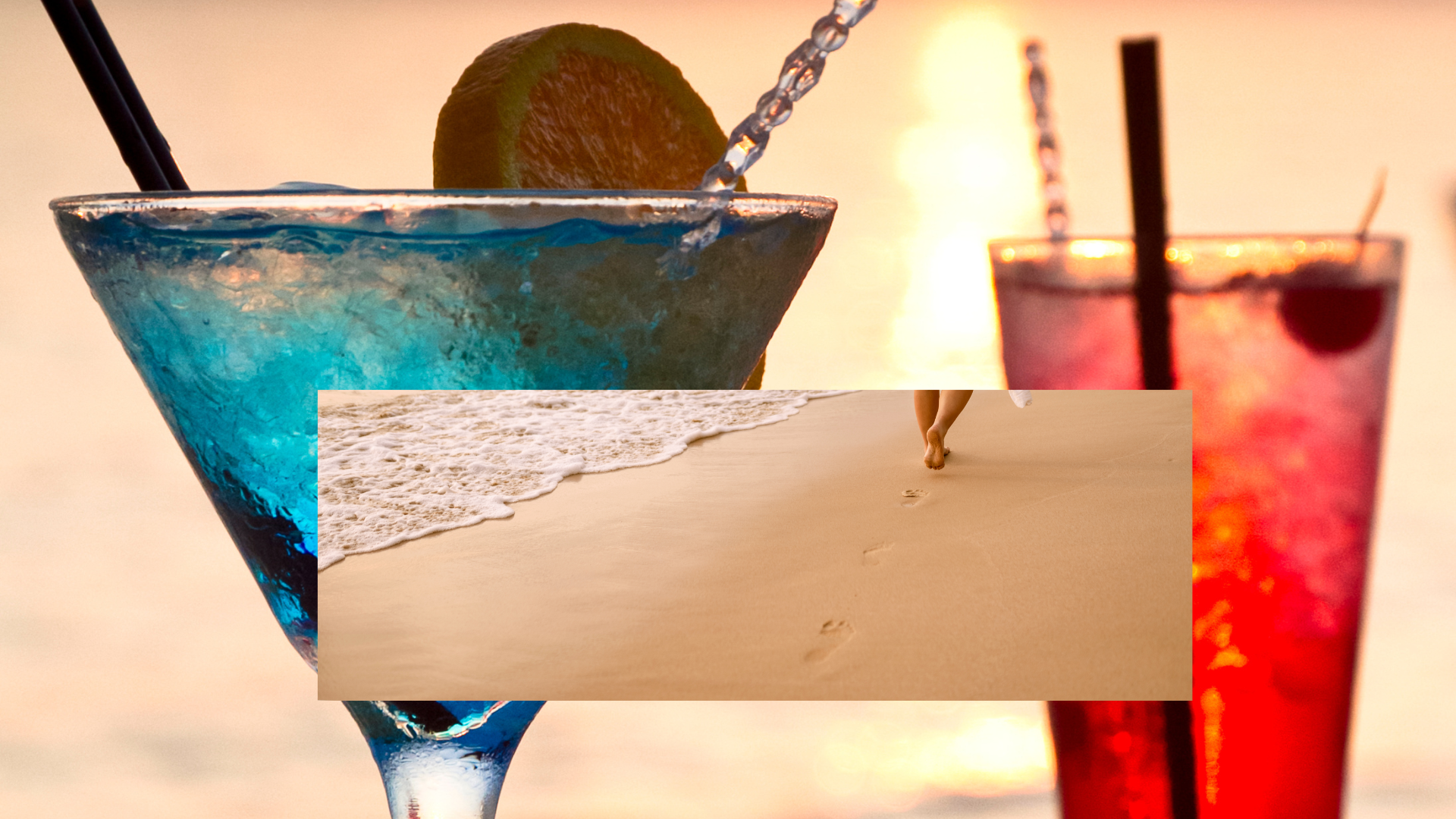 Blue margarita with lime and red cocktail at sunset, overlaid by beach footprints and shoreline