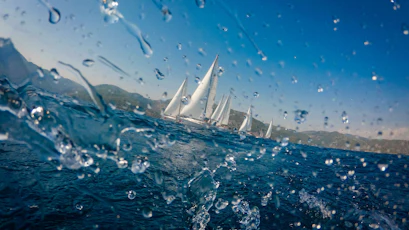 Water droplets on lens, sailboats racing on blue sea by green hills