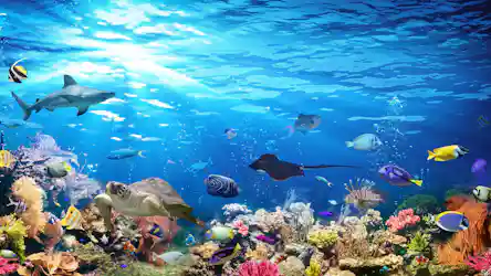 Sunlit coral reef teeming with colorful tropical fish, a sea turtle, shark, and stingray