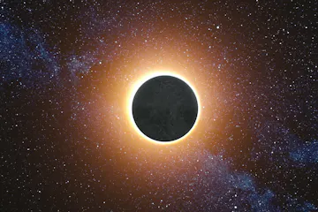solar eclipse silhouetted against a glowing orange stellar corona, starfield and blue nebula behind