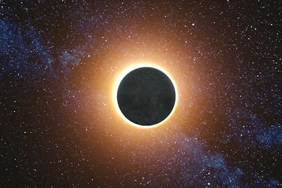 solar eclipse silhouetted against a glowing orange stellar corona, starfield and blue nebula behind