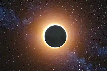solar eclipse silhouetted against a glowing orange stellar corona, starfield and blue nebula behind