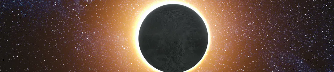 solar eclipse silhouetted against a glowing orange stellar corona, starfield and blue nebula behind